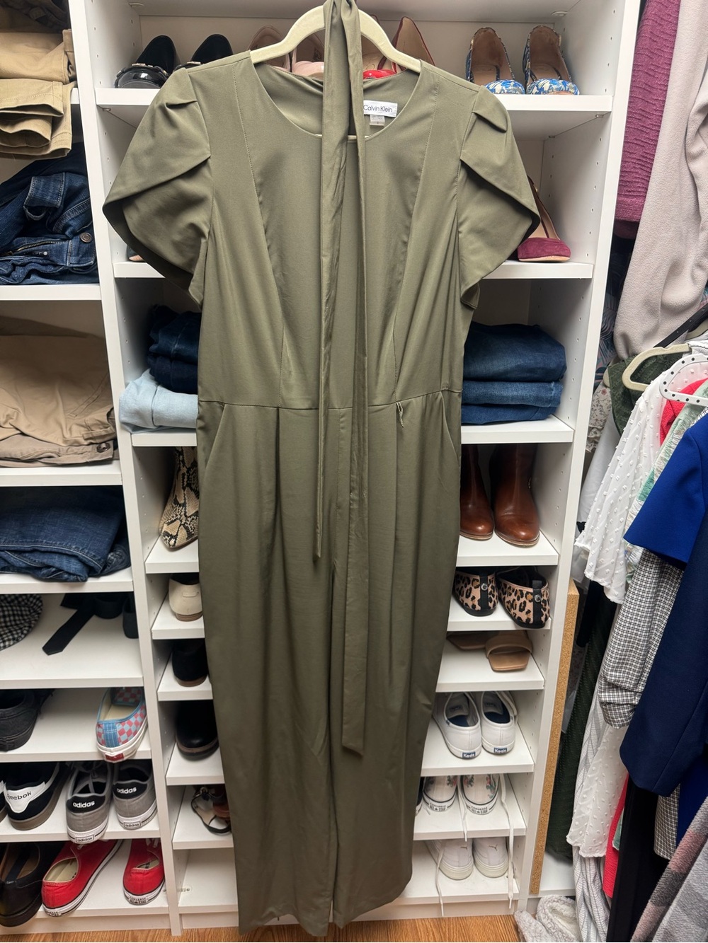 Calvin Klein Olive Green Maxi Dress with Tie Neck